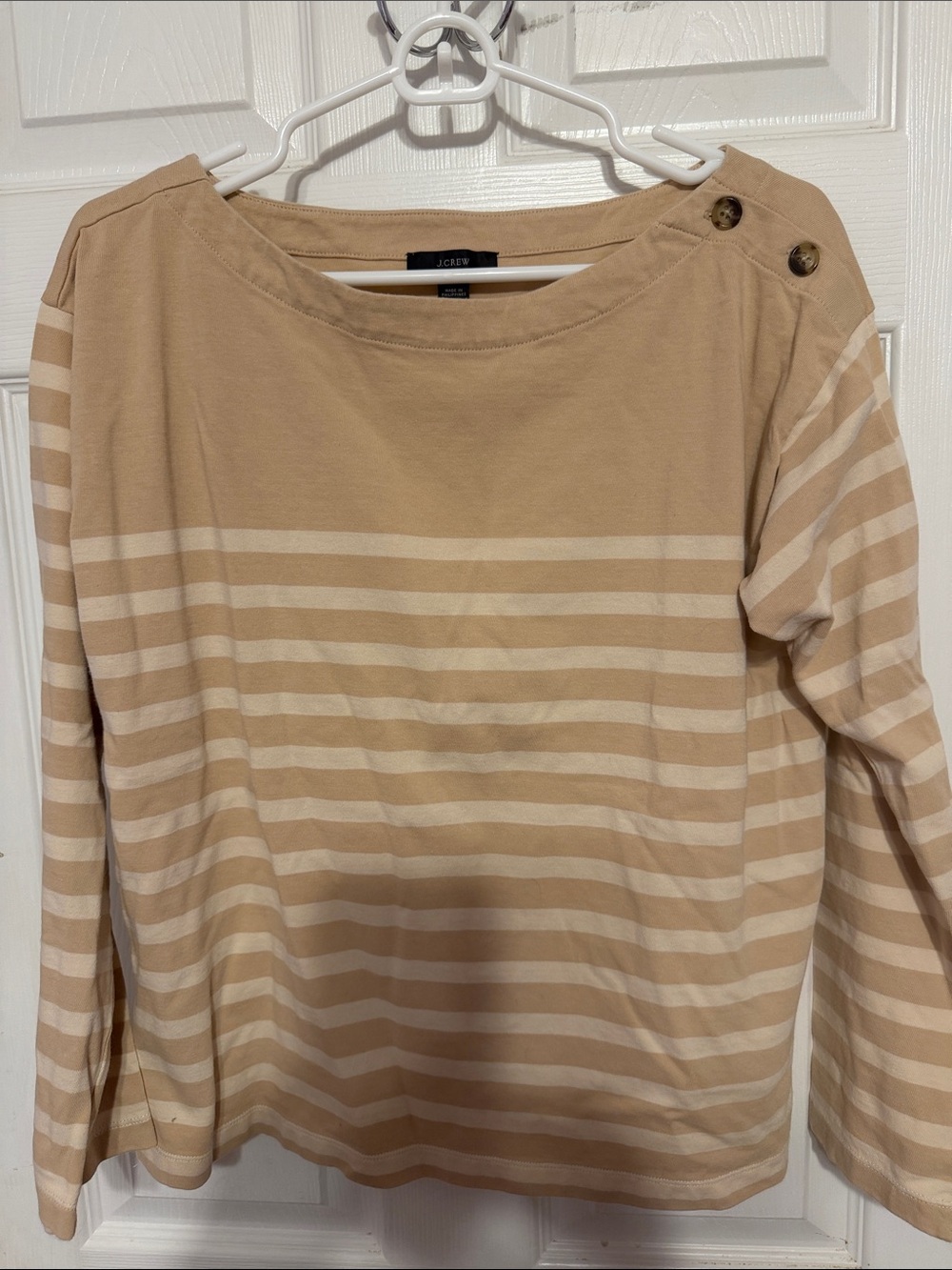 J. Crew Beige and Cream Striped Boatneck Long-Sleeve Top